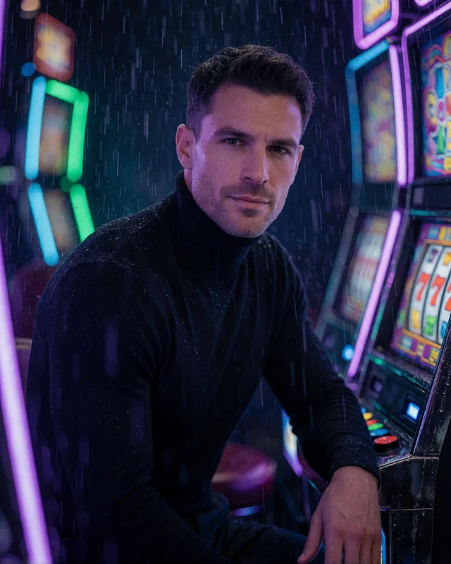 Marco im schwarzen Rollkragen an einem Neon-Slot mit violettem Licht - Rainbet Reload-Aktionen und Free Spins