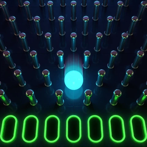 Plinko Original von Rainbet - Neon-Kugel f&auml;llt durch Stifte auf dunklem Spielfeld