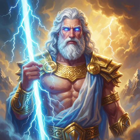 Gates of Olympus Slot - Zeus mit Blitz in goldenem Gewand &uuml;ber dem Olymp