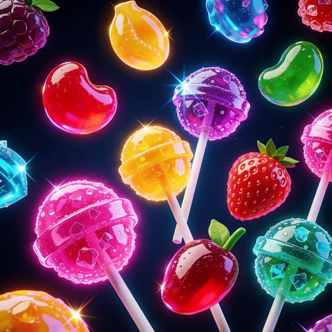 Sweet Bonanza Slot - bunte Bonbons und Fr&uuml;chte vor dunklem Neon-Hintergrund