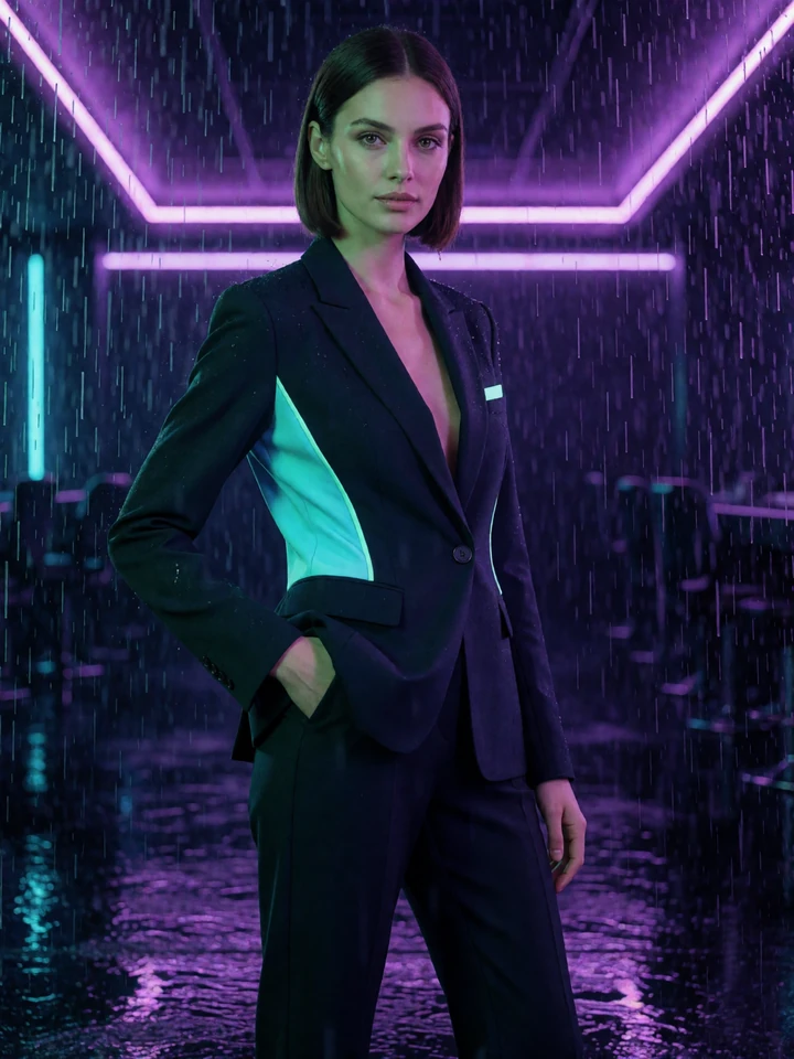 Lena in dunklem Blazer mit Neon-Cyan-Akzenten in einer regennassen Neon-Casino-Lounge beim Rainbet Willkommensbonus