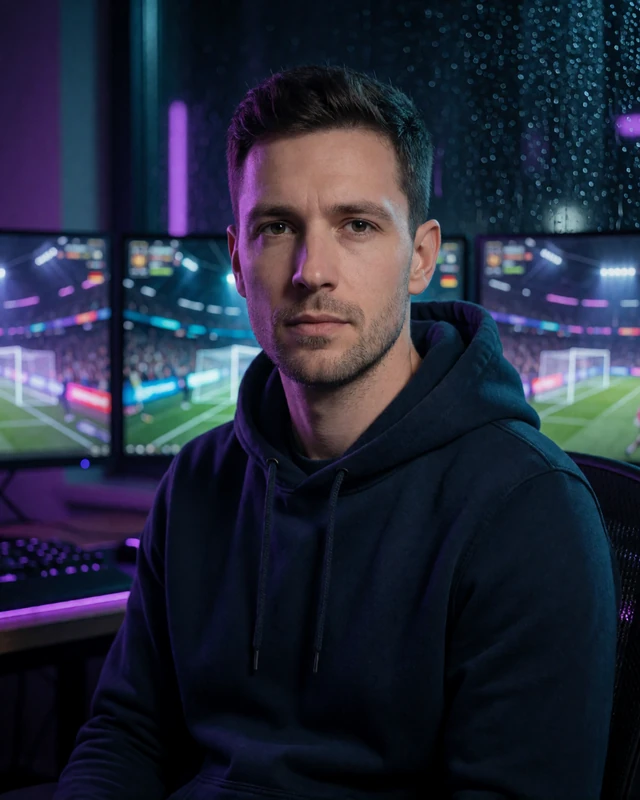 Mann im Navy-Hoodie verfolgt Esports-Match an mehreren Neon-beleuchteten Monitoren