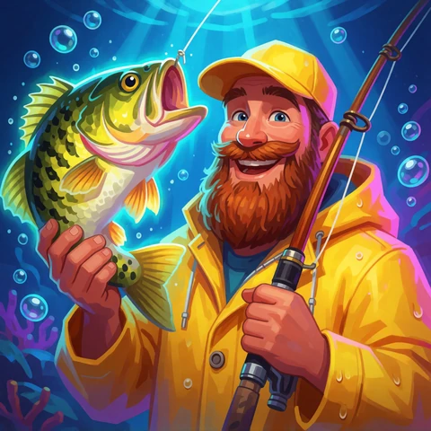 Big Bass Bonanza Slot - Angler in gelber Regenjacke mit leuchtendem Fang