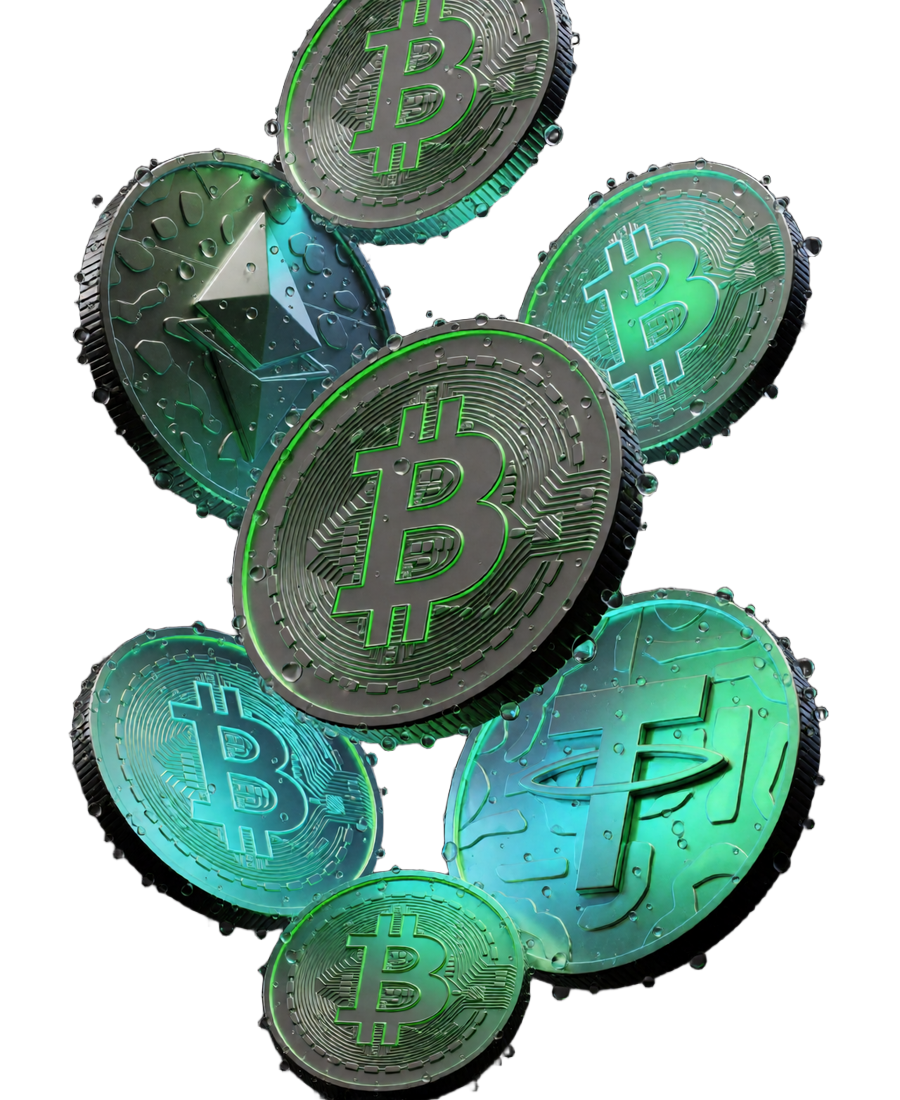 Leuchtende 3D-M&uuml;nzen von Bitcoin, Ethereum und Tether mit Neon-Regen bei der Krypto Einzahlung