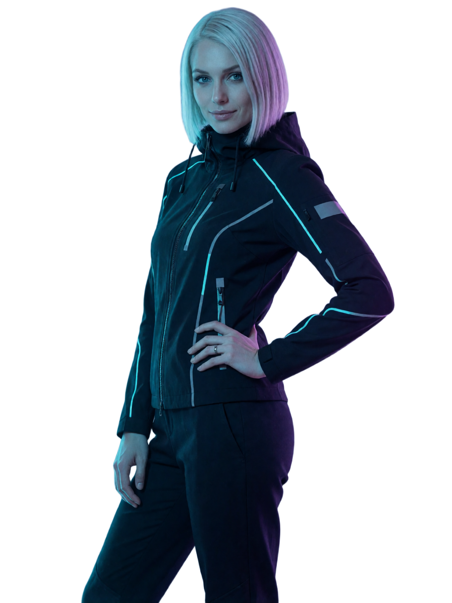 Stylische Frau in schwarzer Techwear-Jacke vor Neon-Regen im Rainbet Casino
