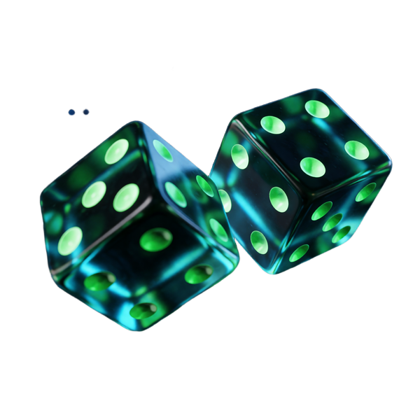 Dice Original - zwei durchsichtige W&uuml;rfel mit Cyan-Kanten und gr&uuml;nen Punkten auf dunklem Glas